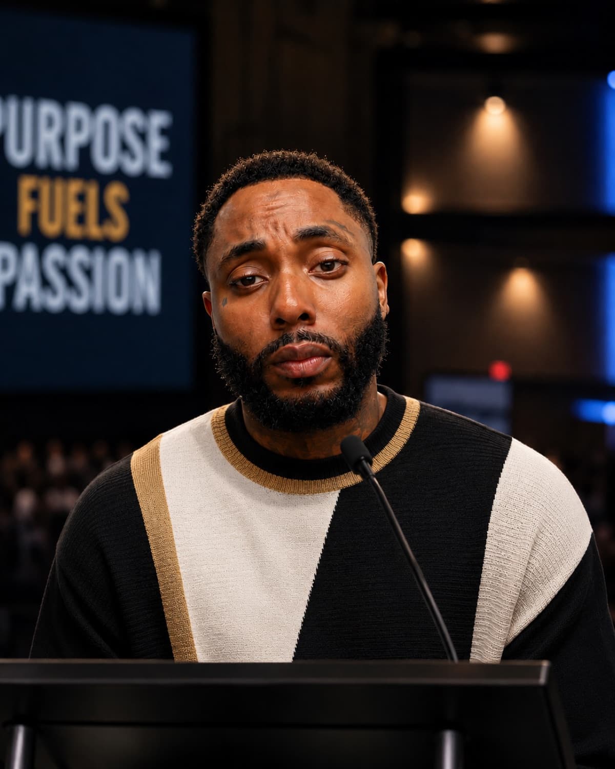 J. Lewis speaking on stage, Christian motivational speaker